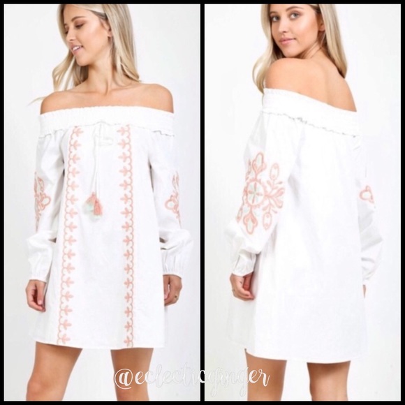 White mint green baby pink embroidered off the shoulder long sleeve dress S M L - Picture 5 of 7